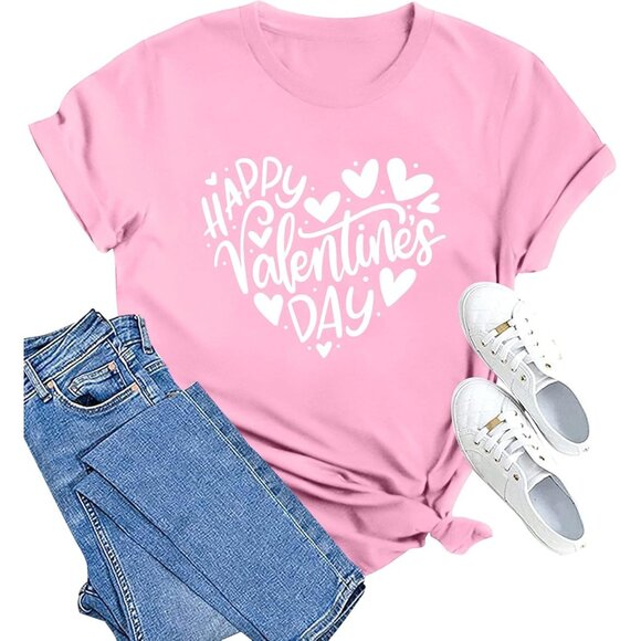Meesheep Womens Pink Cute Love Hearts Pull On T shirts Valentines Day Gifts Tops - Picture 1 of 7